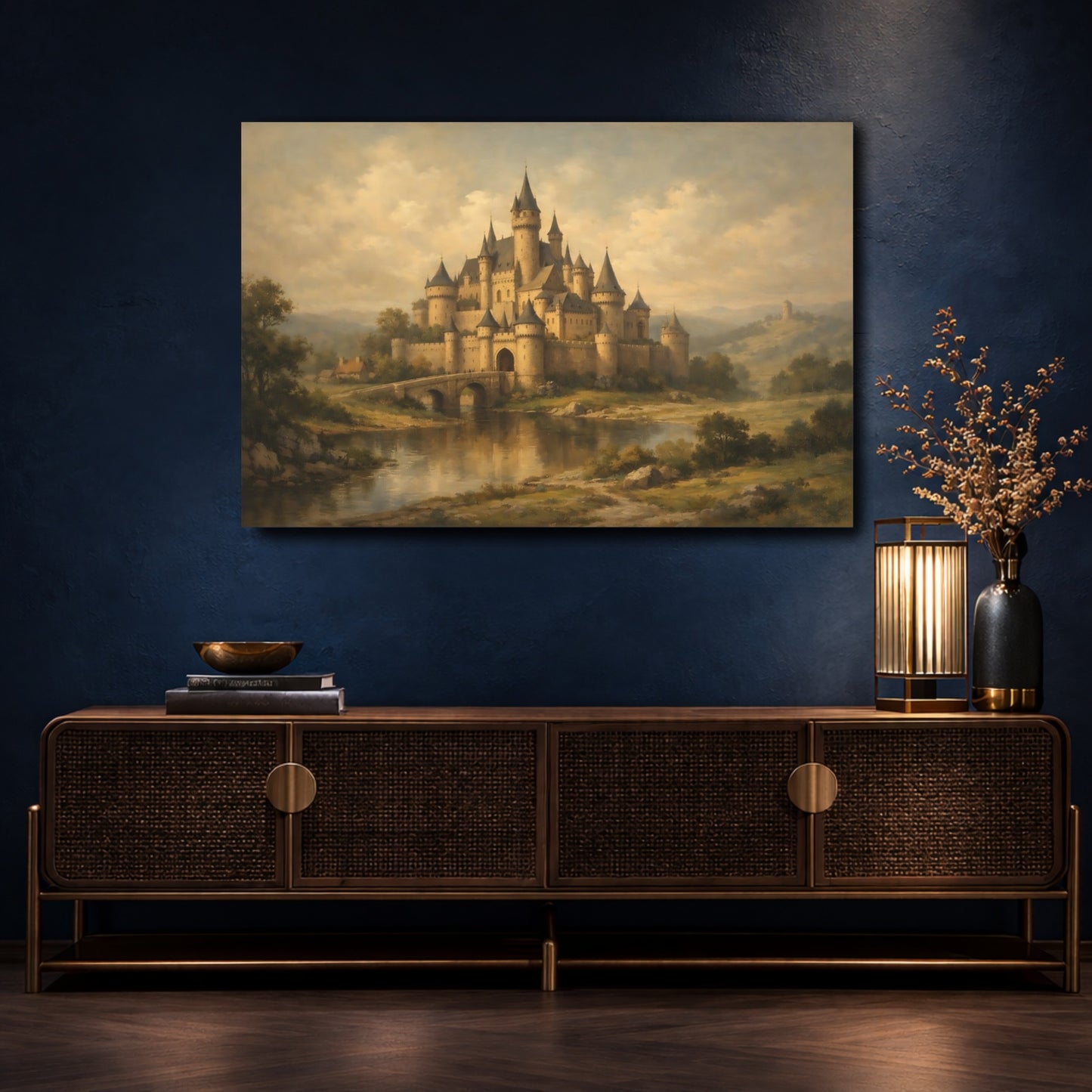 Mockup 4. Fairytale Fairytale Castle Brown And Gold Castle shown as stretched canvas wall art
