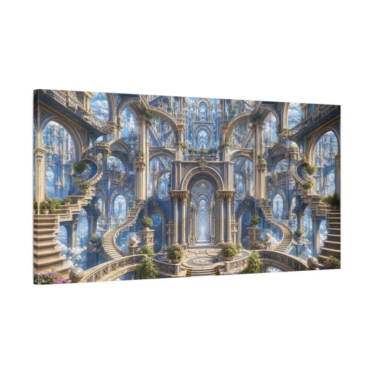 Main Mockup. Fairytale Fantasy Architecture Blue Gold Architecture shown as stretched canvas wall art