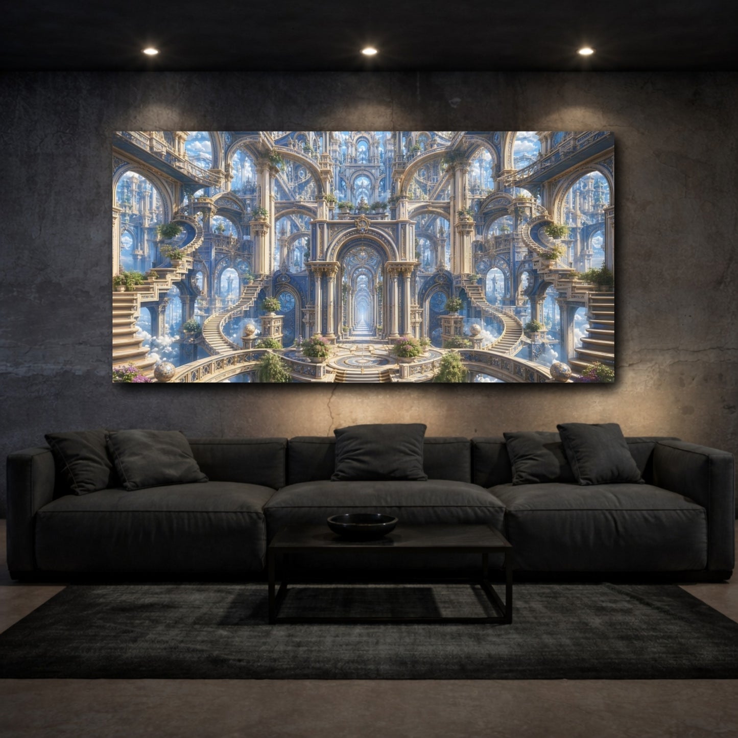 Mockup 2. Fairytale Fantasy Architecture Blue Gold Architecture shown as stretched canvas wall art