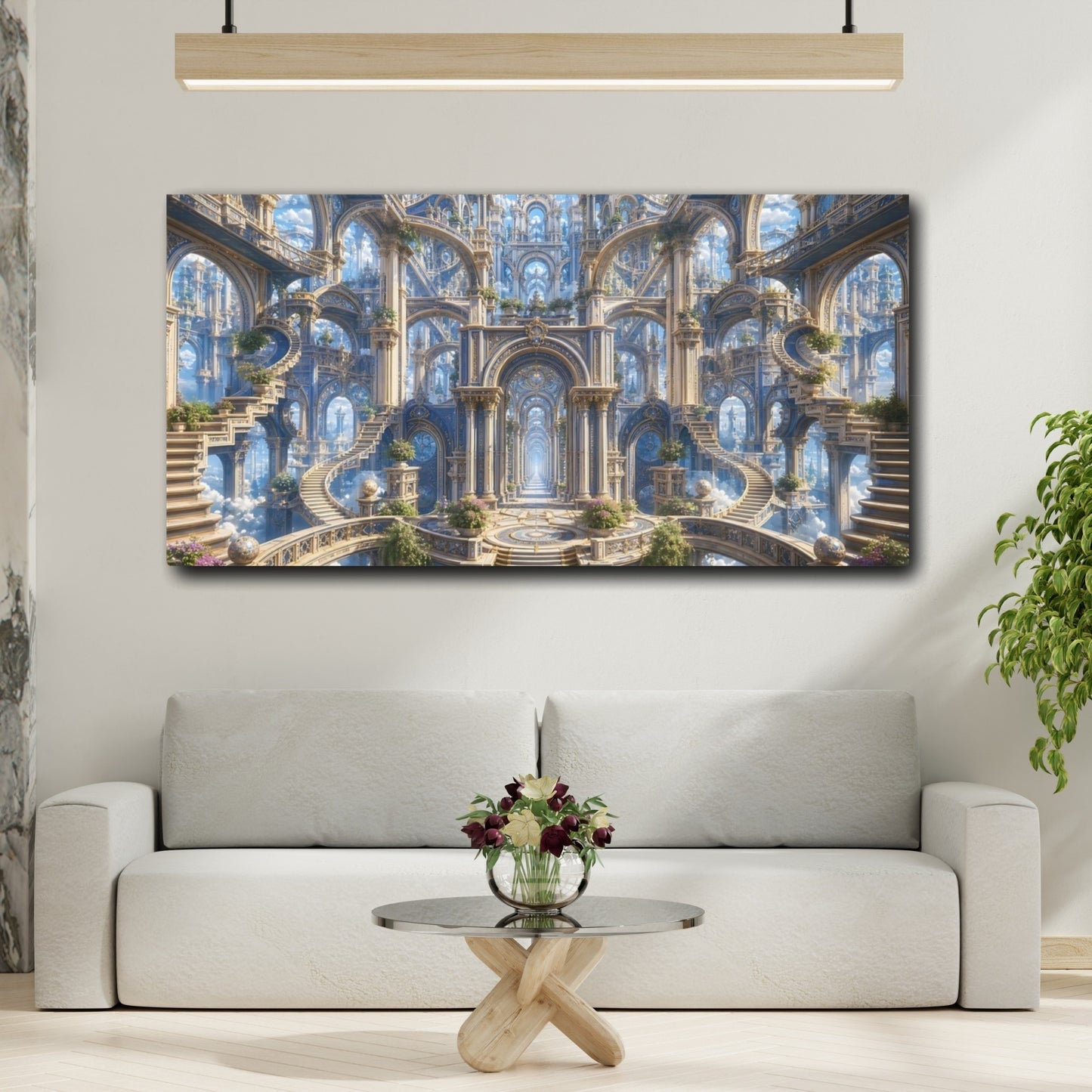 Mockup 3. Fairytale Fantasy Architecture Blue Gold Architecture shown as stretched canvas wall art