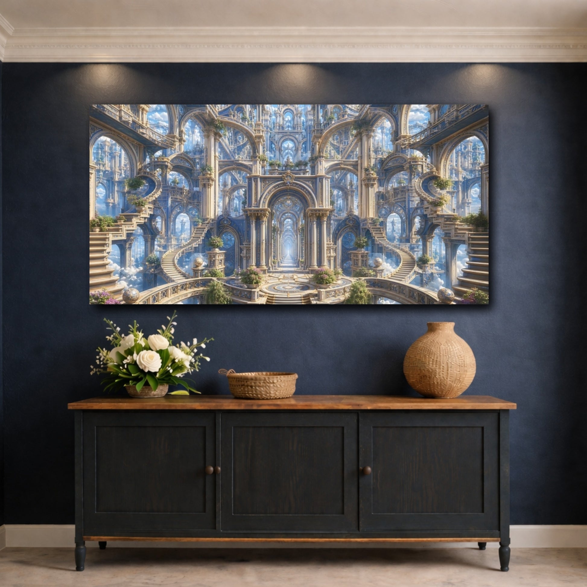 Mockup 4. Fairytale Fantasy Architecture Blue Gold Architecture shown as stretched canvas wall art