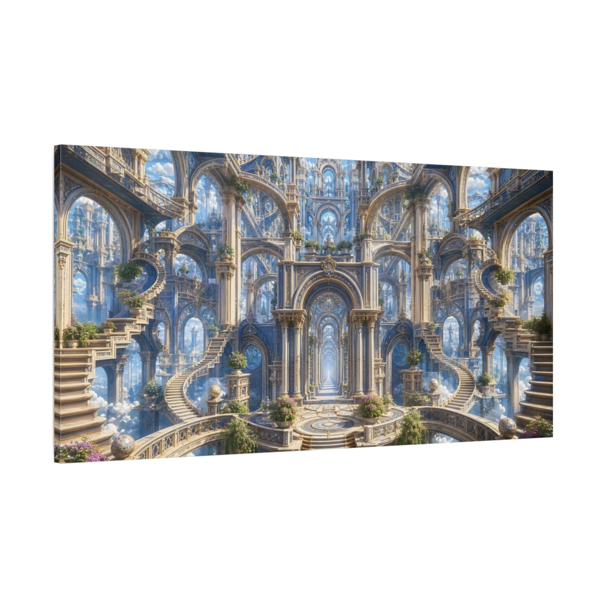 Side Mockup 2. Fairytale Fantasy Architecture Blue Gold Architecture shown as stretched canvas wall art