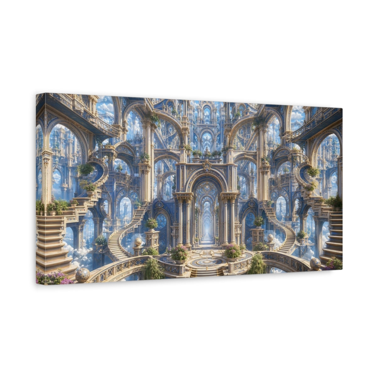 Side Mockup 3. Fairytale Fantasy Architecture Blue Gold Architecture shown as stretched canvas wall art
