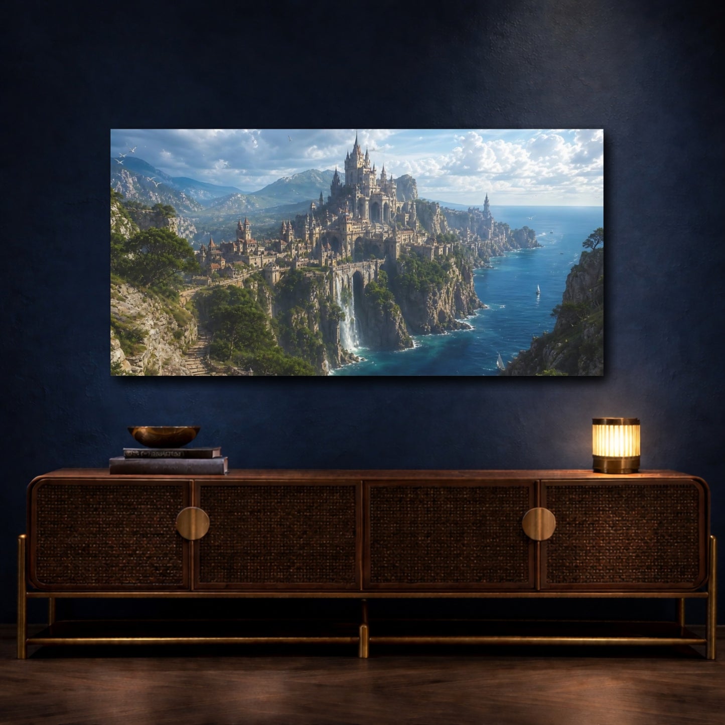 Mockup 4. Fairytale Fantasy Castle Fantasy Castle View shown as stretched canvas wall art