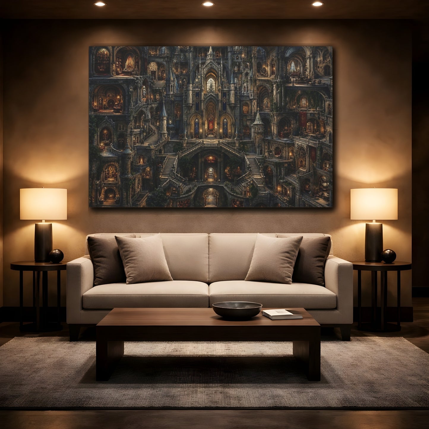 Mockup 2. Fairytale Fantasy Castle Gothic Castle shown as stretched canvas wall art