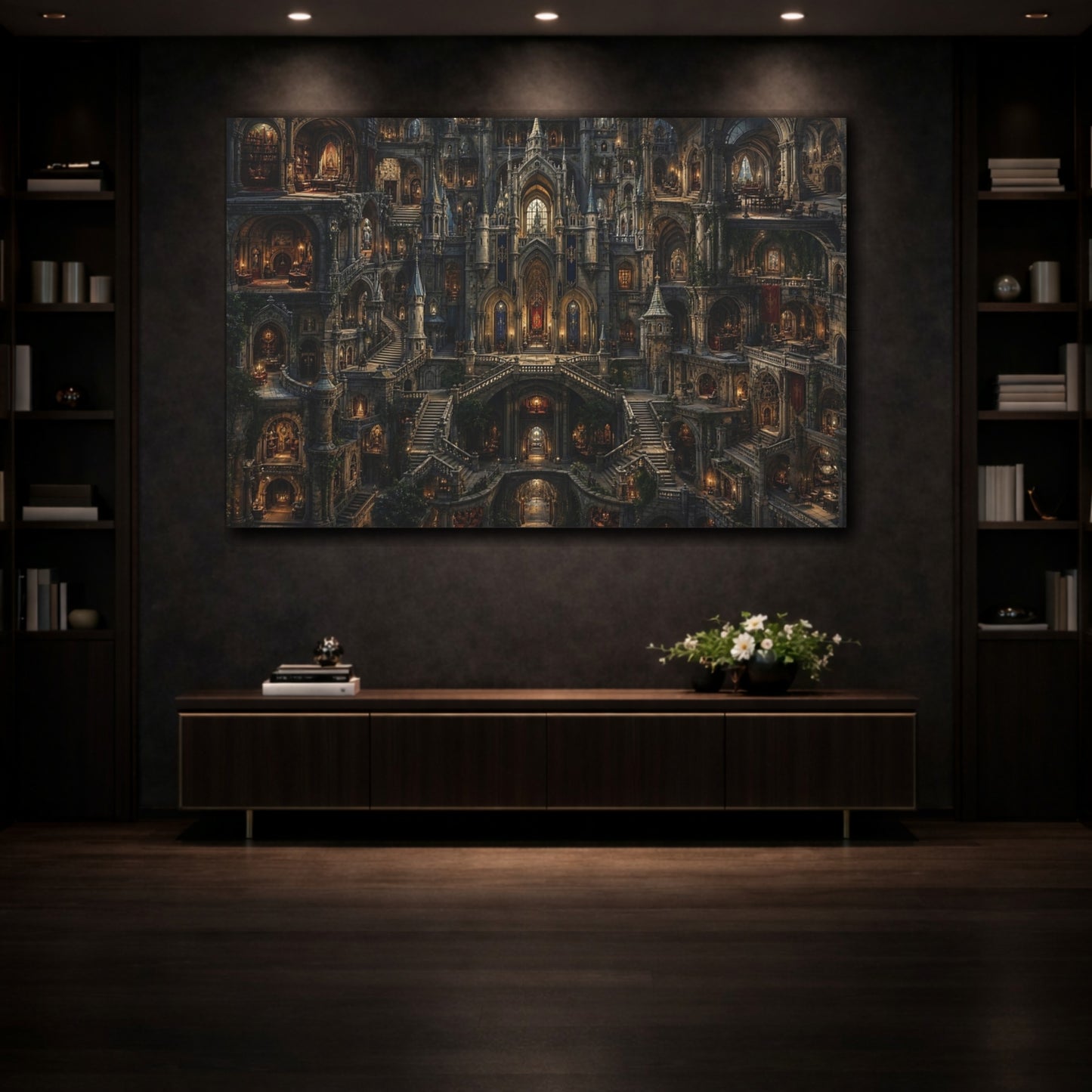 Mockup 3. Fairytale Fantasy Castle Gothic Castle shown as stretched canvas wall art