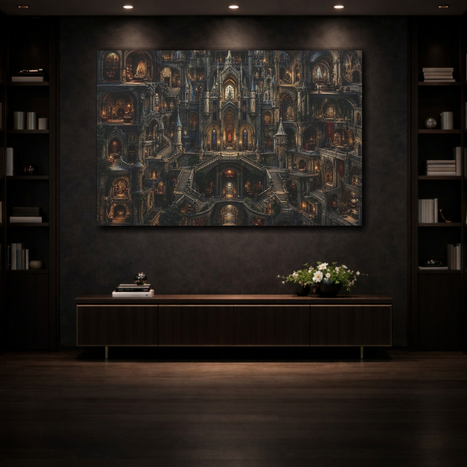Mockup 3. Fairytale Fantasy Castle Gothic Castle shown as stretched canvas wall art