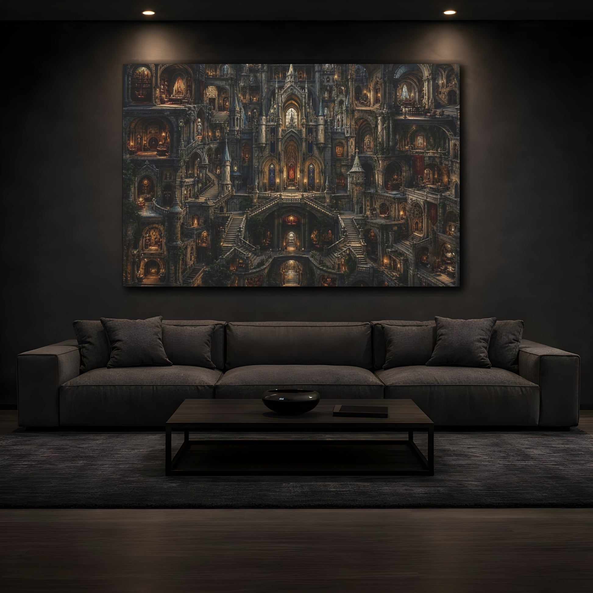 Mockup 4. Fairytale Fantasy Castle Gothic Castle shown as stretched canvas wall art
