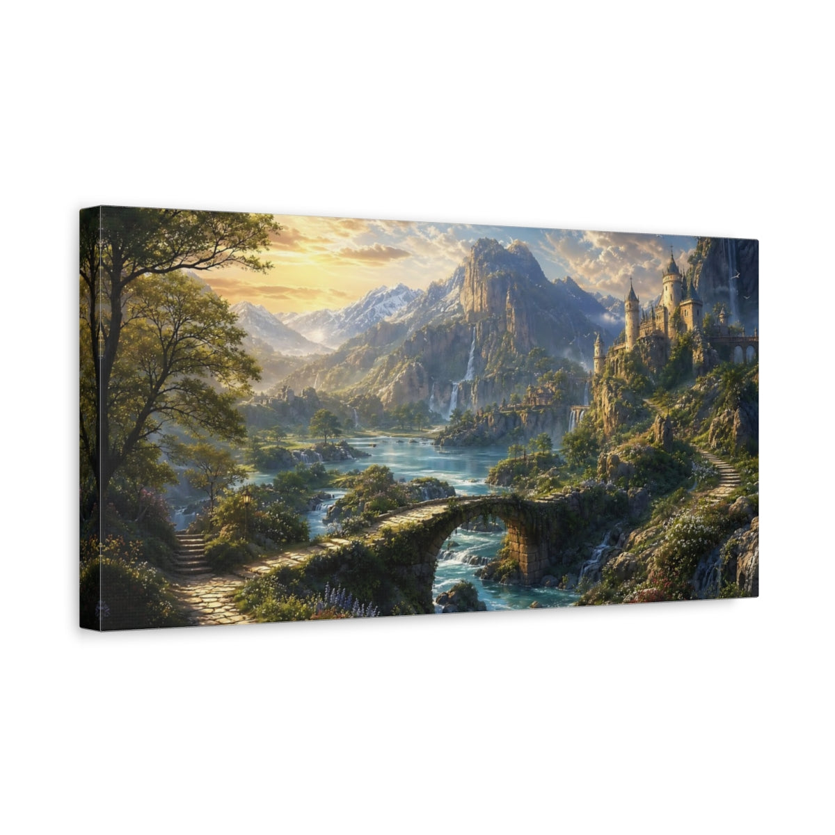 Side Mockup 3. Fairytale Fantasy Castle Green Blue Gold shown as stretched canvas wall art