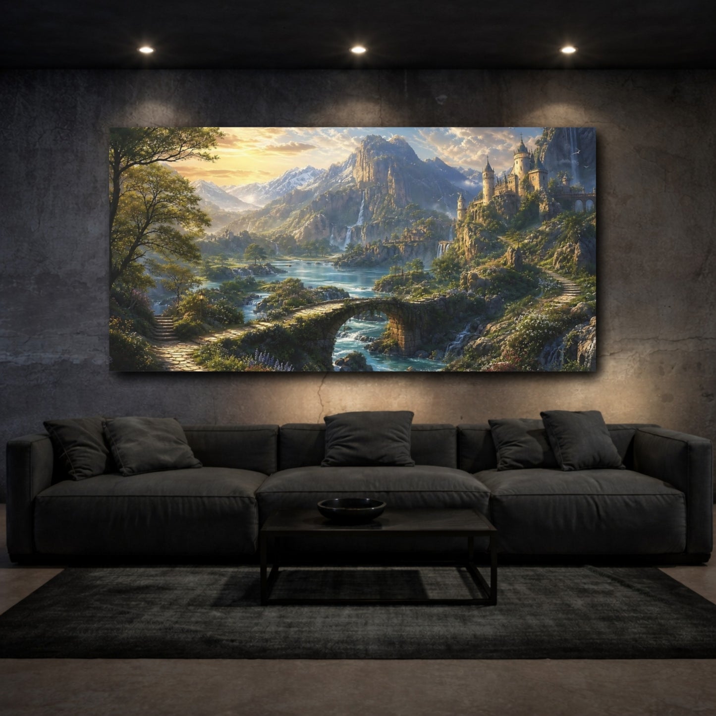 Mockup 2. Fairytale Fantasy Castle Green Blue Gold shown as stretched canvas wall art