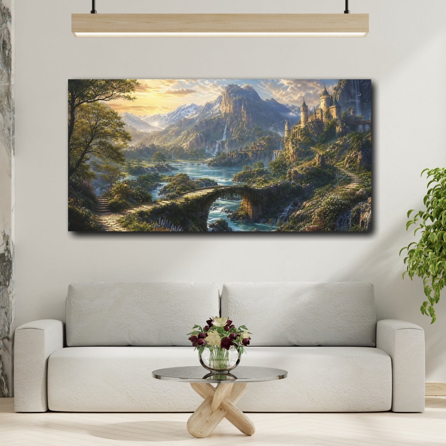 Mockup 3. Fairytale Fantasy Castle Green Blue Gold shown as stretched canvas wall art