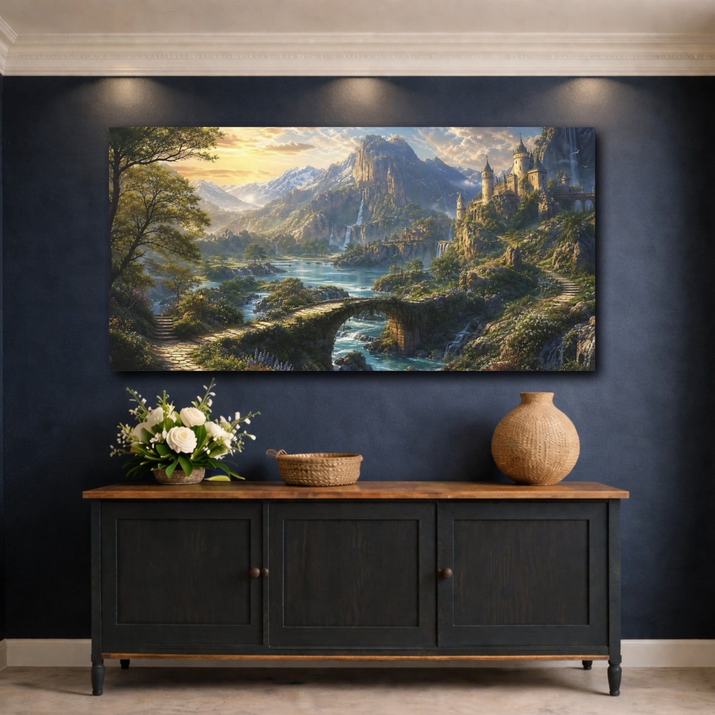 Mockup 4. Fairytale Fantasy Castle Green Blue Gold shown as stretched canvas wall art