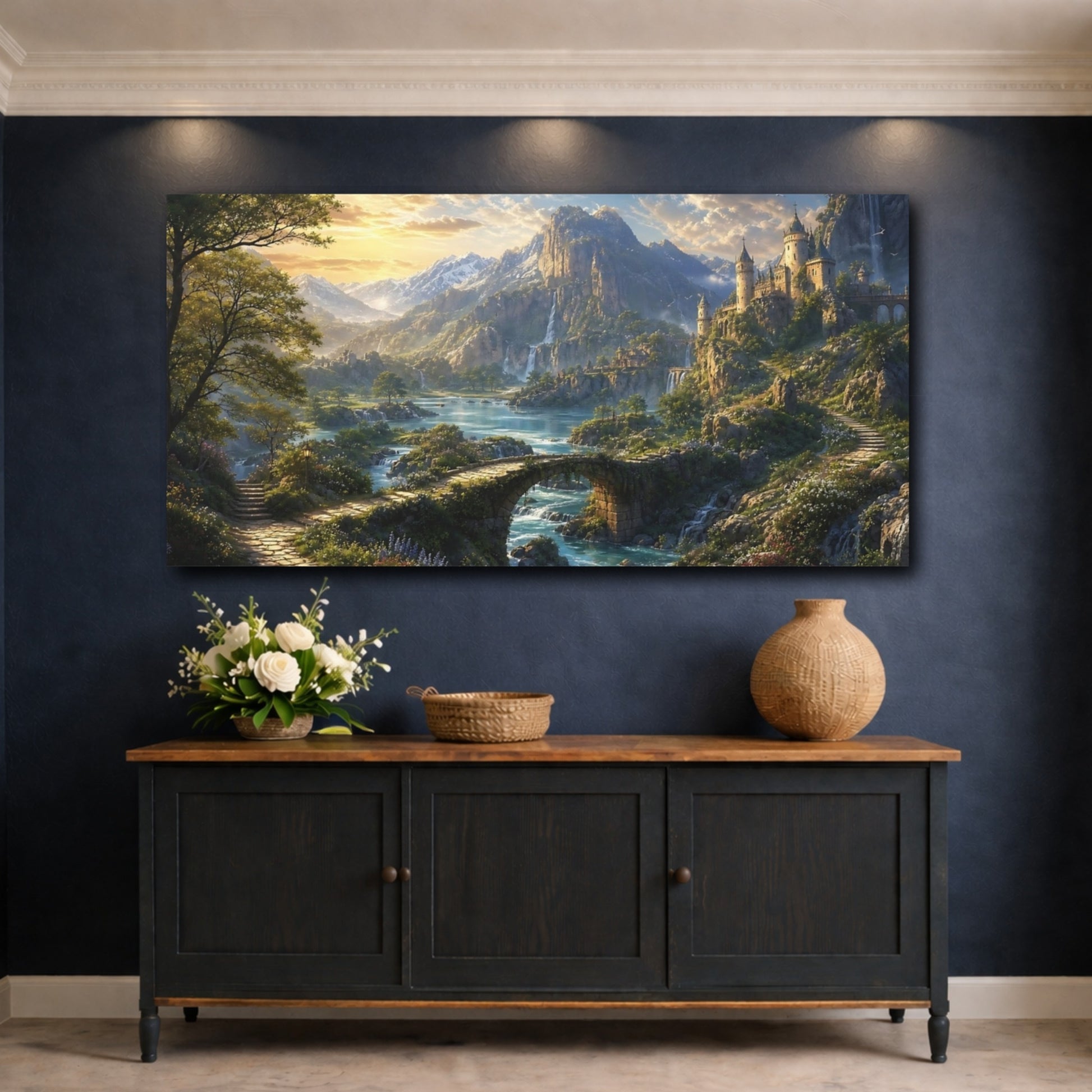 Mockup 4. Fairytale Fantasy Castle Green Blue Gold shown as stretched canvas wall art