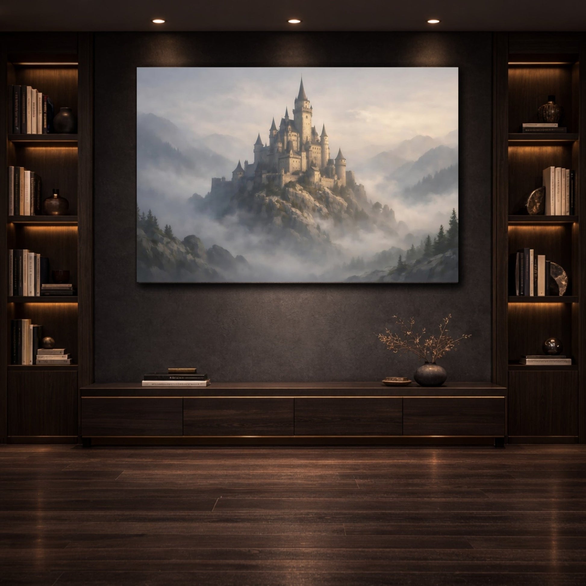 Fairytale Fantasy Castle Misty Mountain - Canvas Wall Art Print - YesArtYes