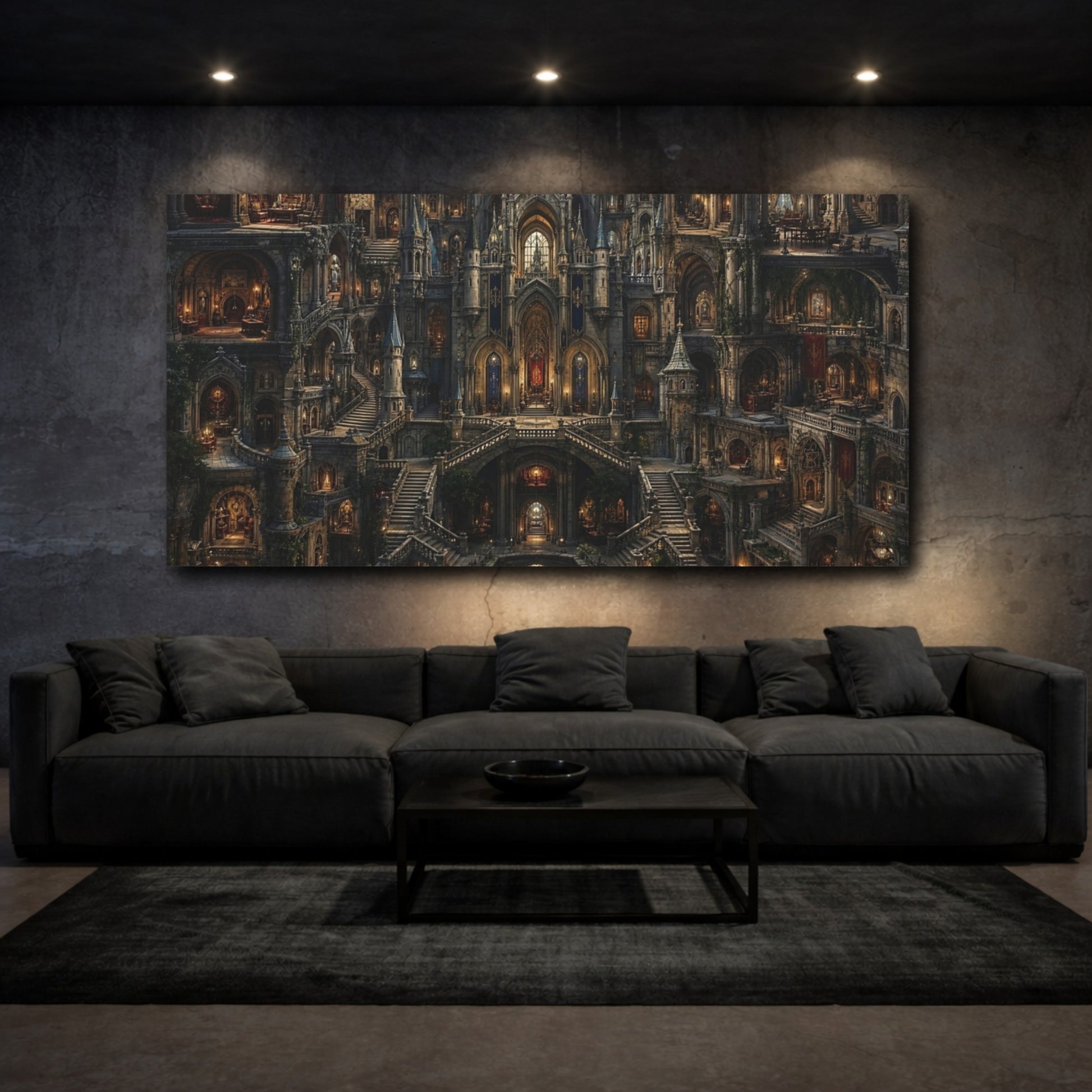 Mockup 2. Fairytale Fantasy Castle Stone Castle Fantasy shown as stretched canvas wall art