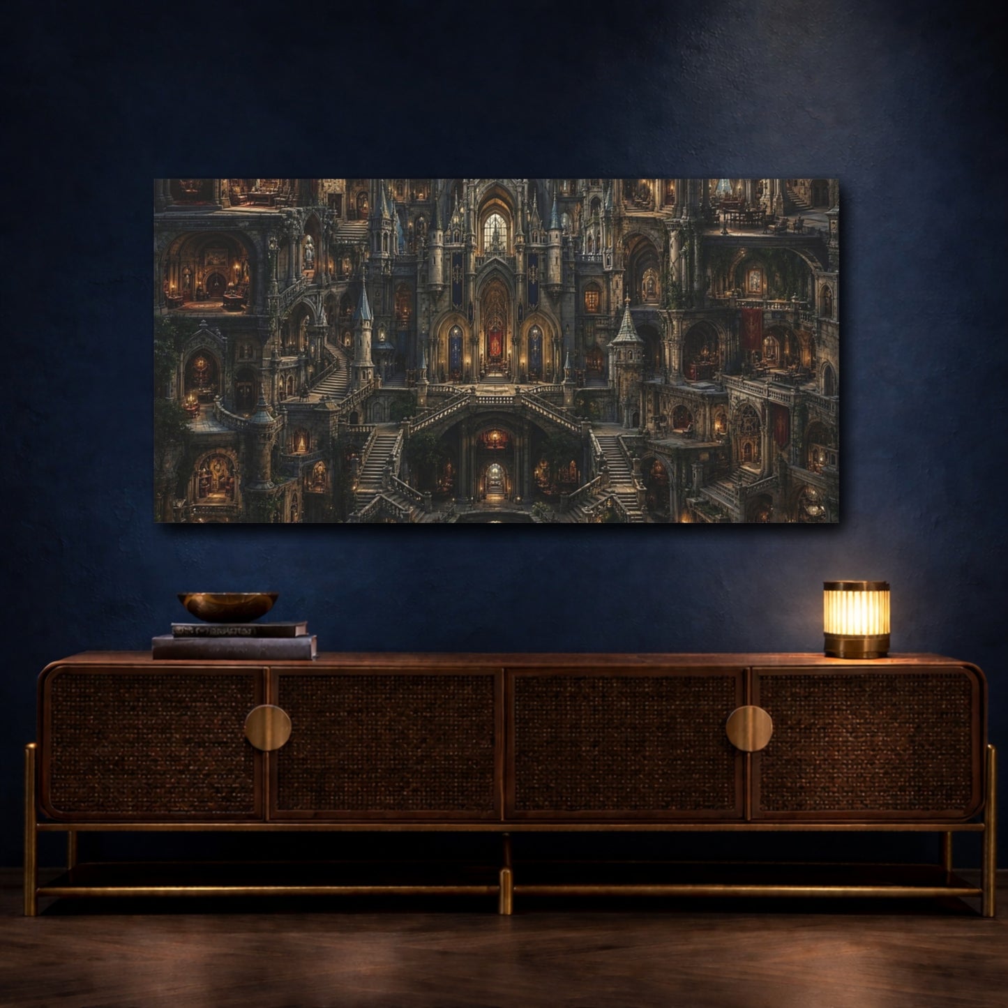 Mockup 4. Fairytale Fantasy Castle Stone Castle Fantasy shown as stretched canvas wall art