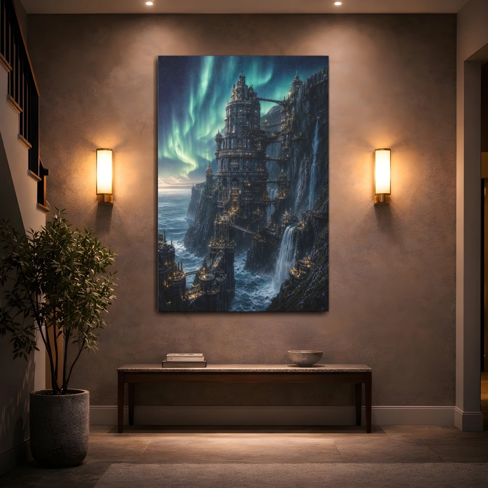 Fairytale Fantasy City Aurora Canvas Print – Living Room, Above Couch - YesArtYes