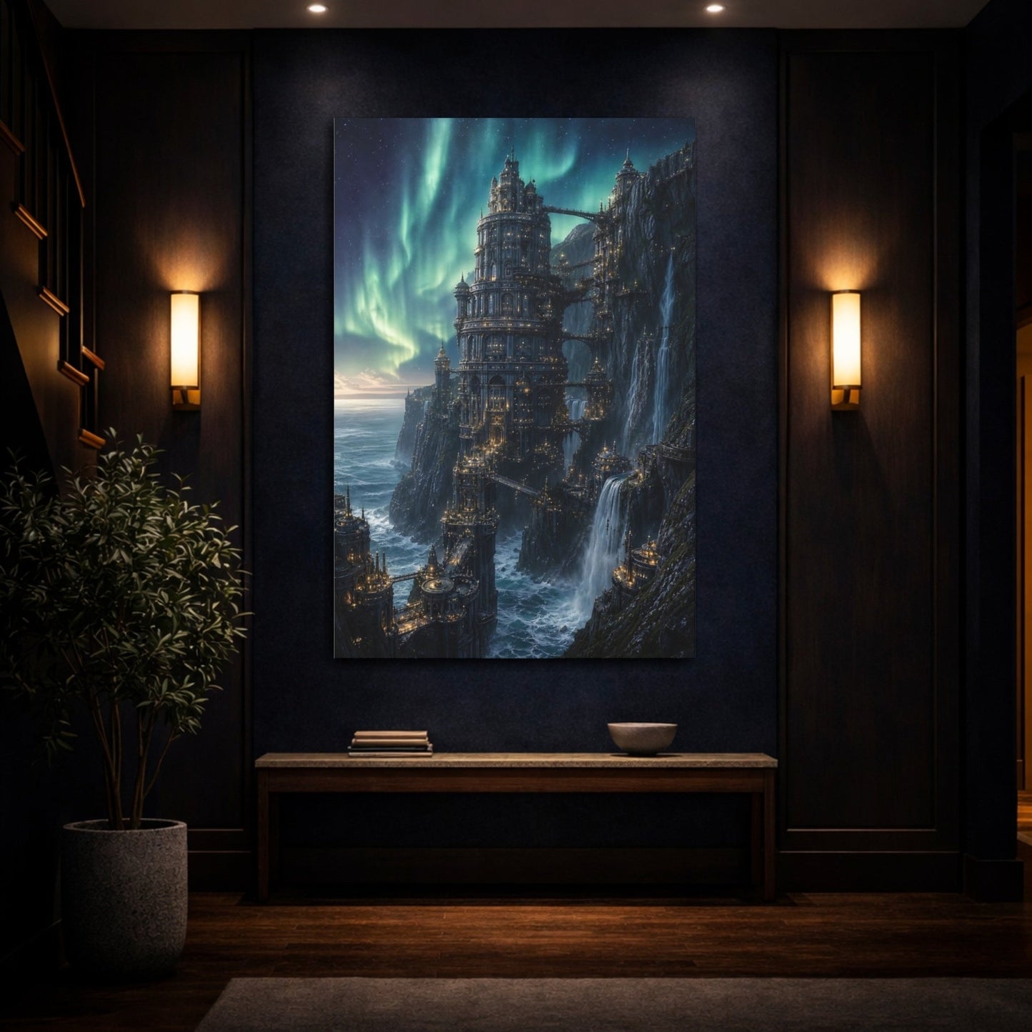 Fairytale Fantasy City Aurora Canvas Print – Living Room, Above Couch - YesArtYes