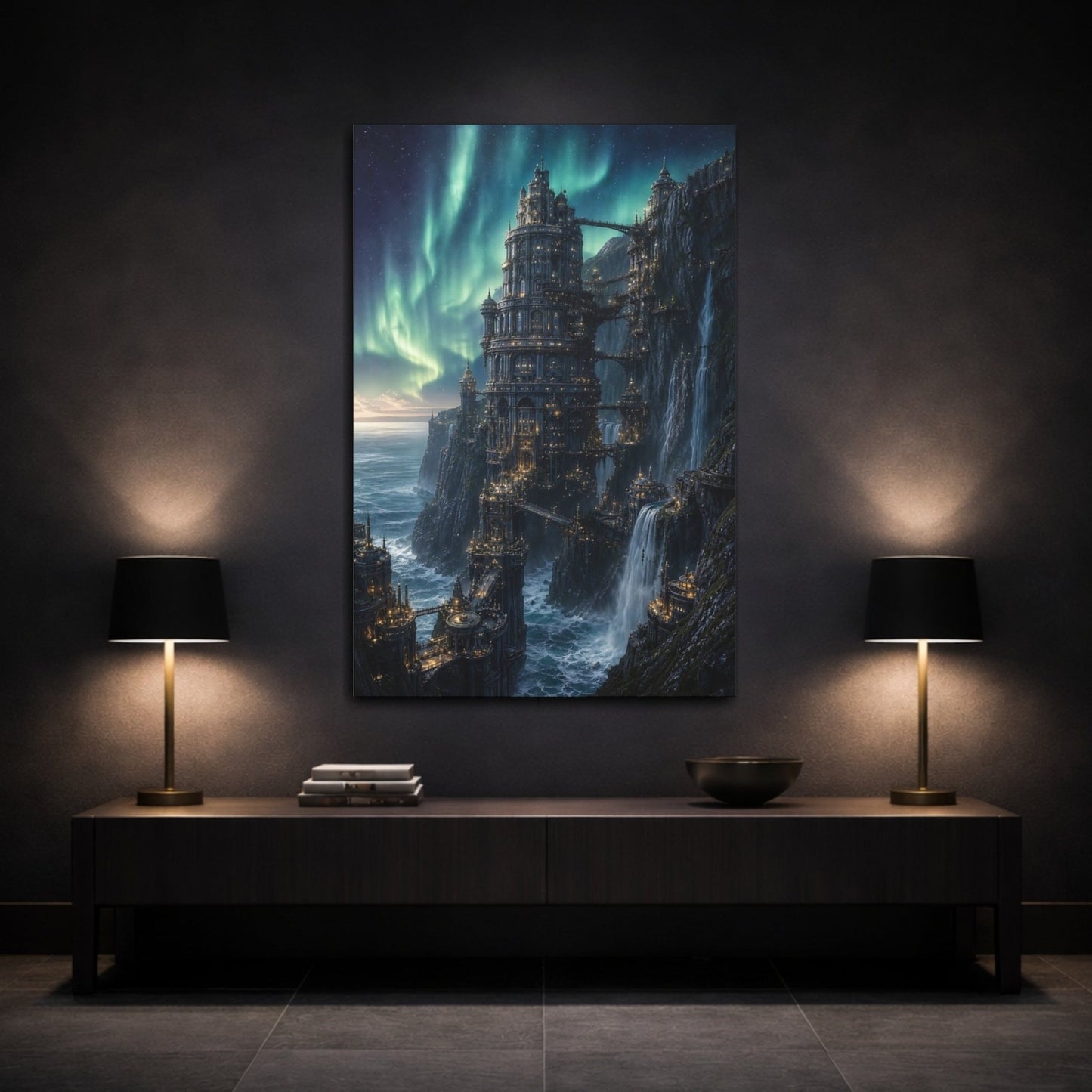 Fairytale Fantasy City Aurora Canvas Print – Living Room, Above Couch - YesArtYes