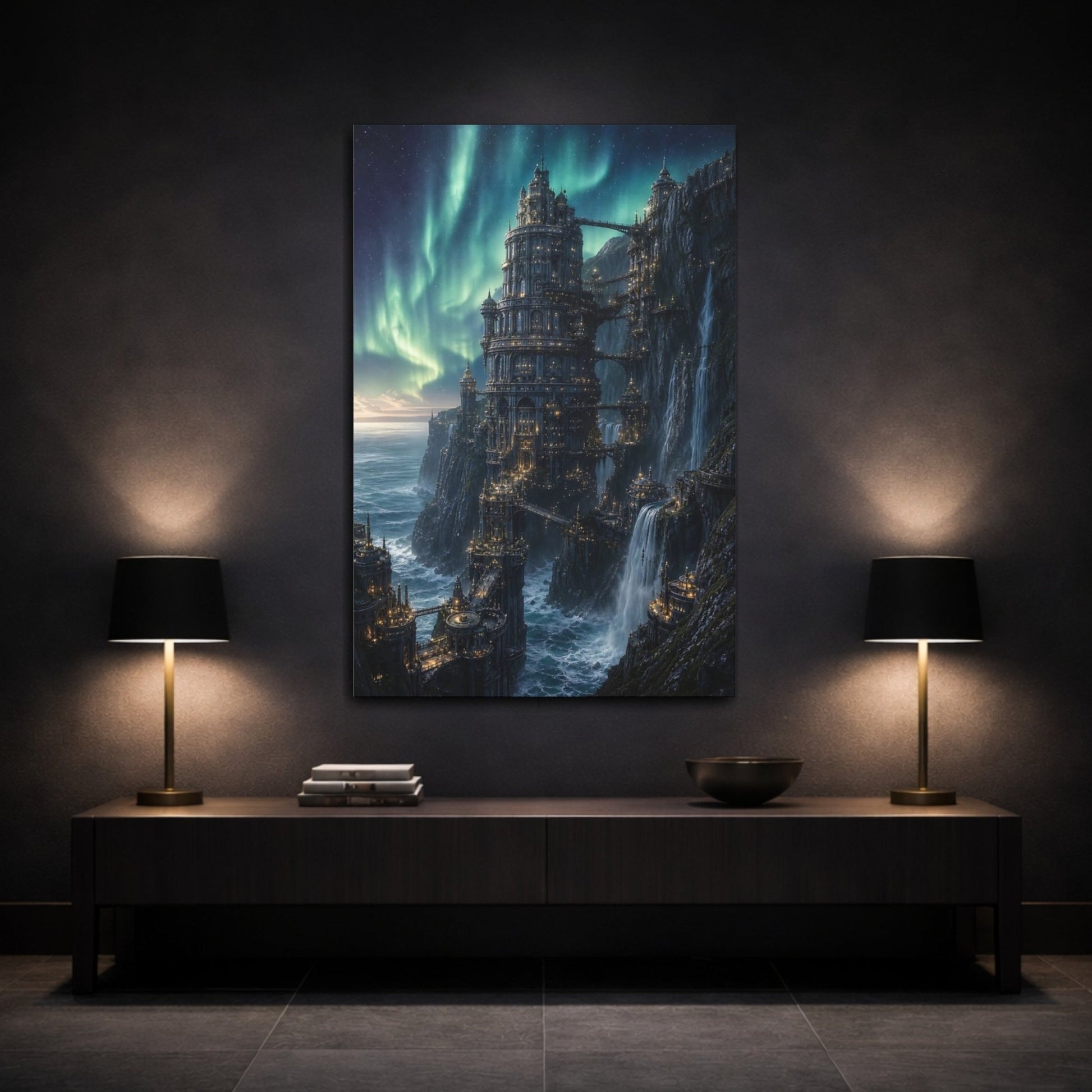 Fairytale Fantasy City Aurora Canvas Print – Living Room, Above Couch - YesArtYes
