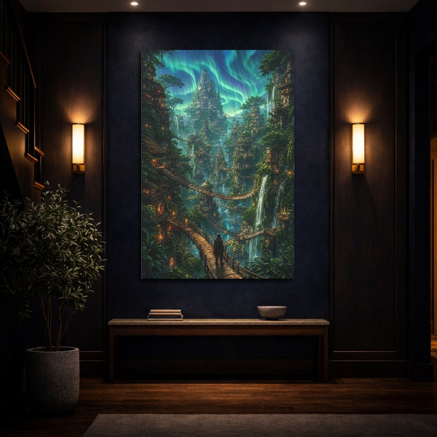 Fairytale Fantasy City Aurora Green Canvas Wall Art Print – Living Room, Above Sofa - YesArtYes