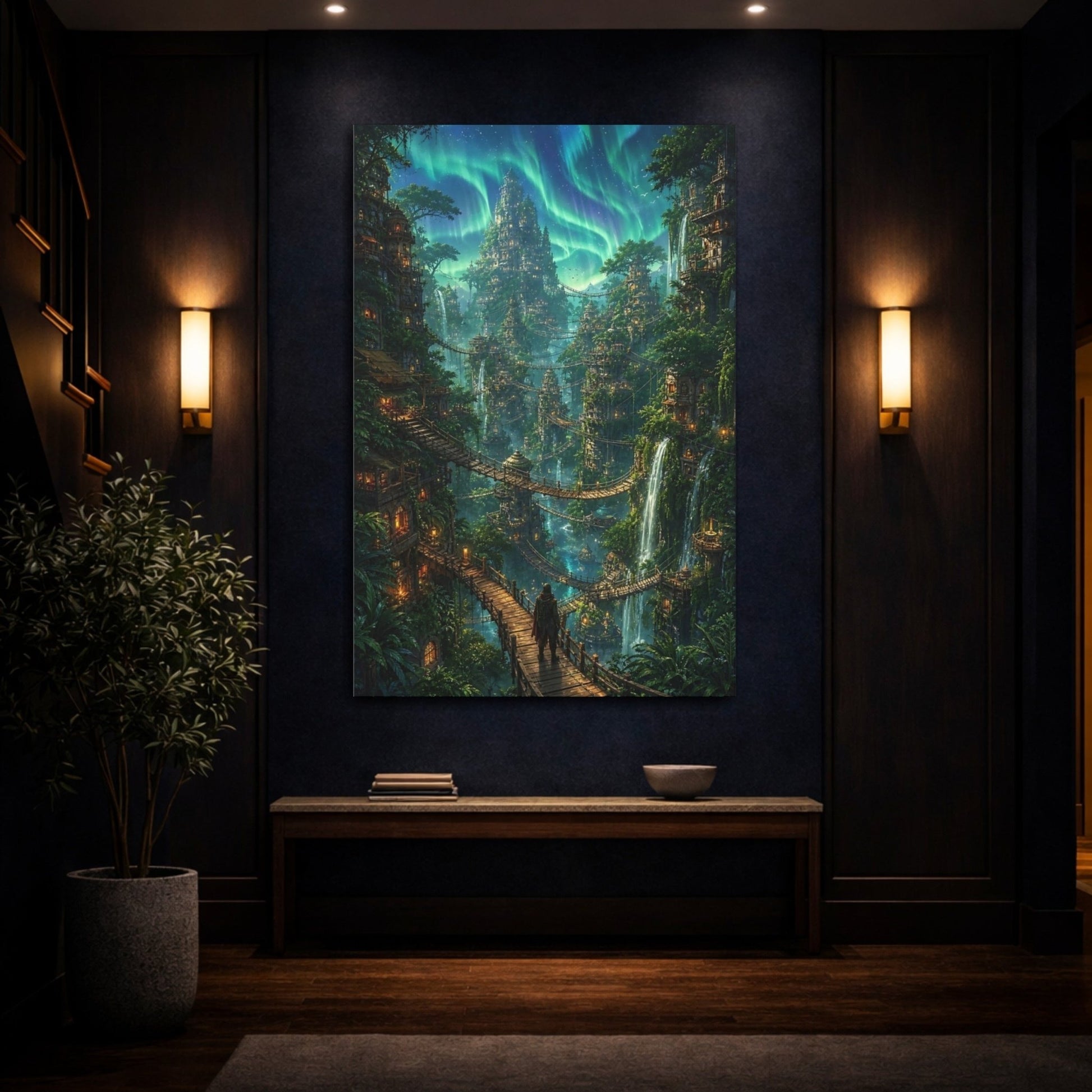 Fairytale Fantasy City Aurora Green Canvas Wall Art Print – Living Room, Above Sofa - YesArtYes