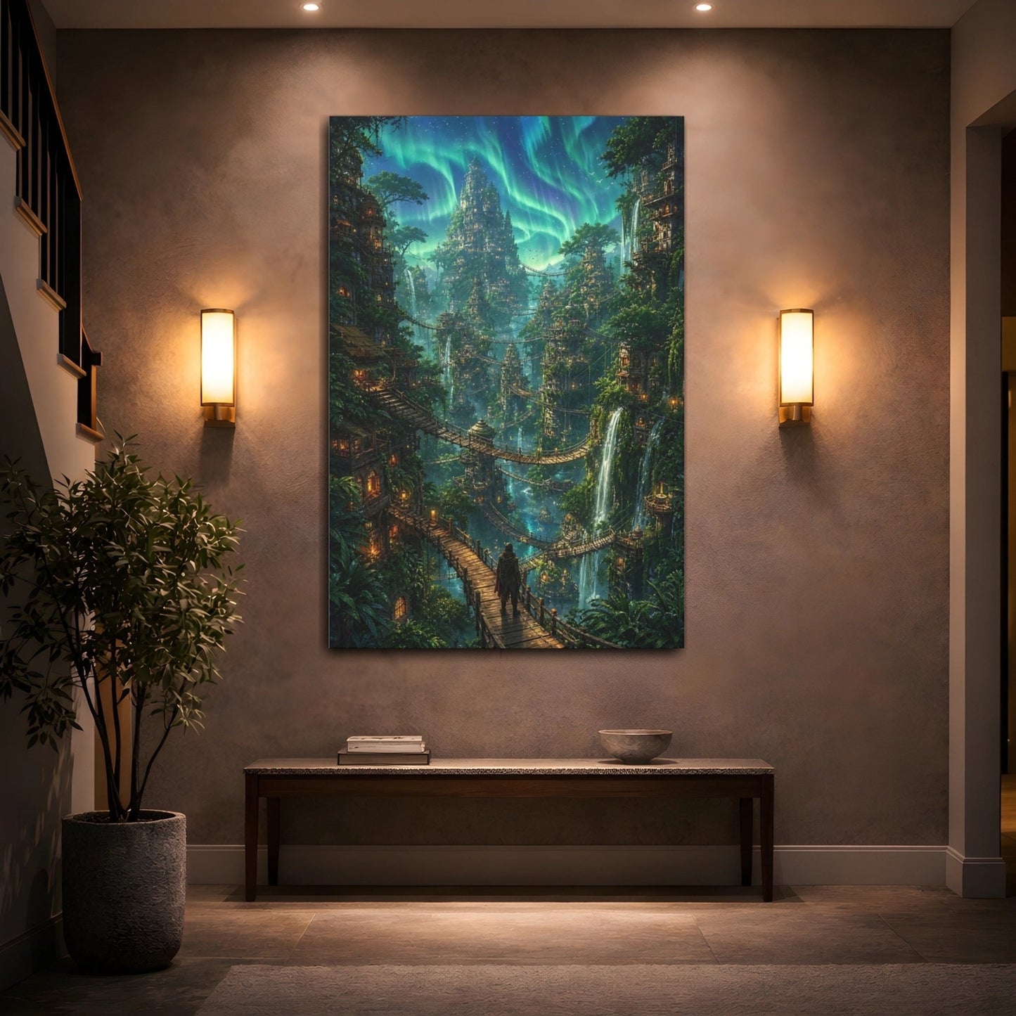 Fairytale Fantasy City Aurora Green Canvas Wall Art Print – Living Room, Above Sofa - YesArtYes