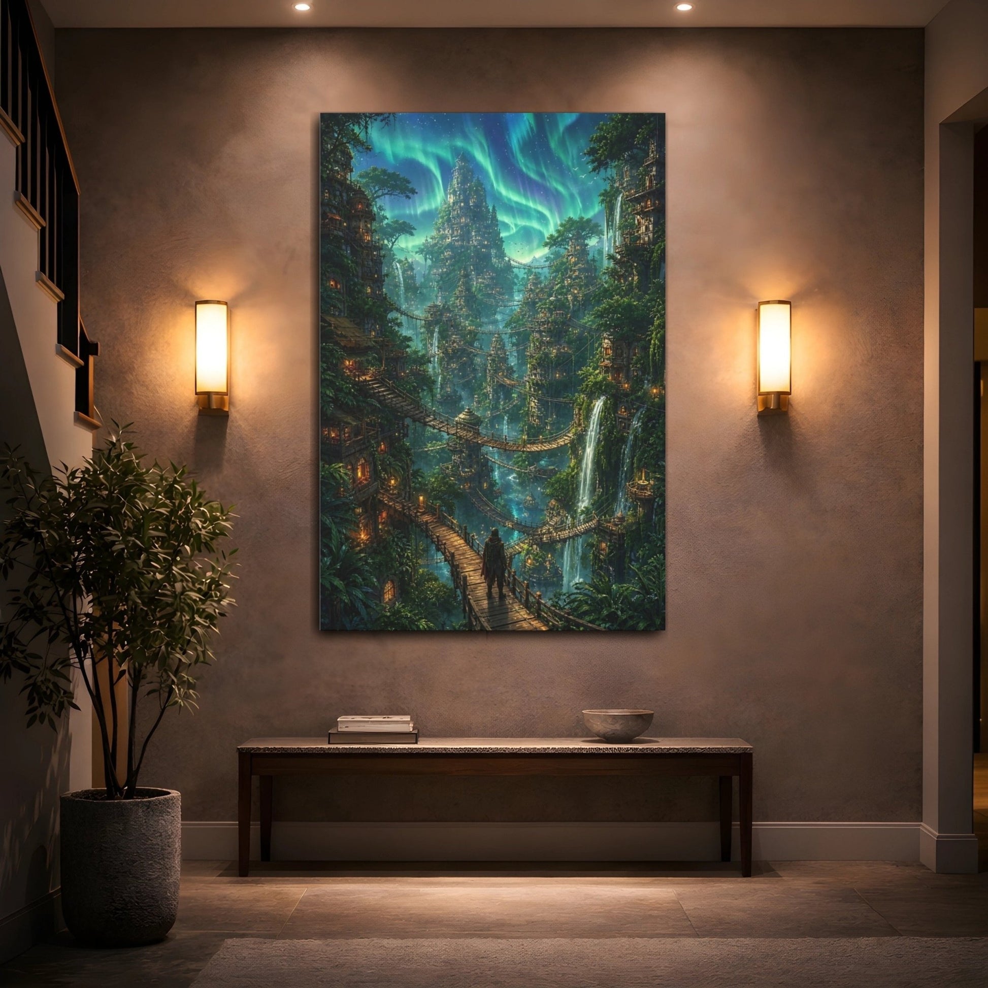 Fairytale Fantasy City Aurora Green Canvas Wall Art Print – Living Room, Above Sofa - YesArtYes