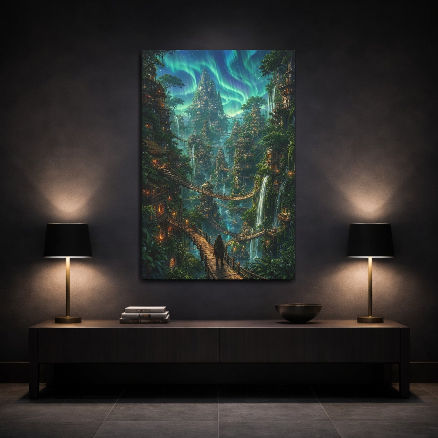 Mockup 3. Fairytale Fantasy City Aurora Green City shown as stretched canvas wall art