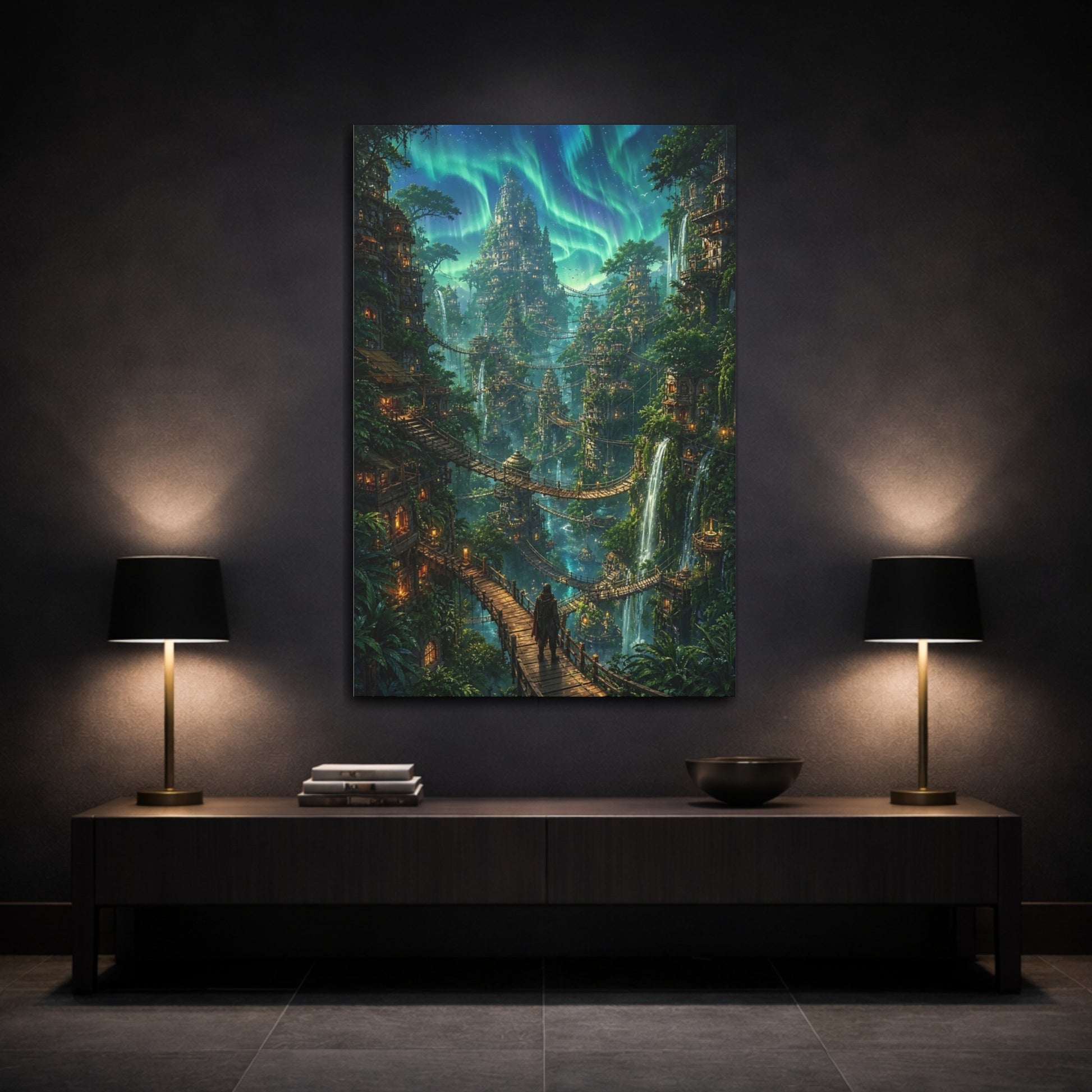 Mockup 3. Fairytale Fantasy City Aurora Green City shown as stretched canvas wall art