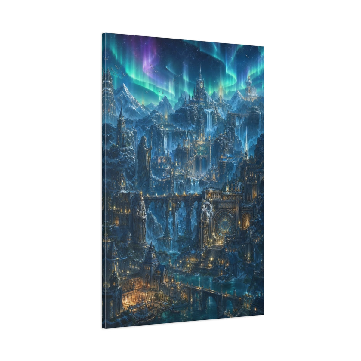 Side Mockup 1. Fairytale Fantasy City Blue And Purple shown as stretched canvas wall art