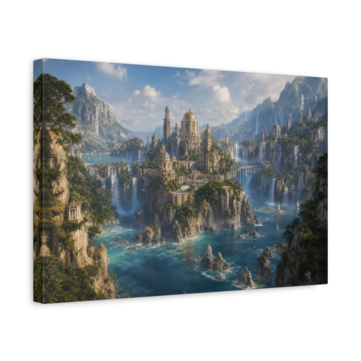 Side Mockup 4. Fairytale Fantasy City Fantasy City Blue shown as stretched canvas wall art