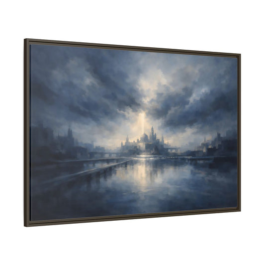 Main Mockup. Fairytale Fantasy City Blue Cityscape shown as stretched canvas wall art