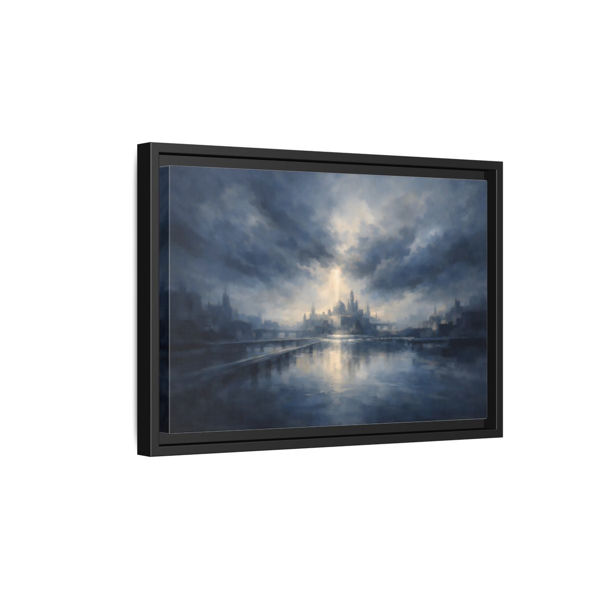 Side Mockup 6. Fairytale Fantasy City Blue Cityscape shown as stretched canvas wall art