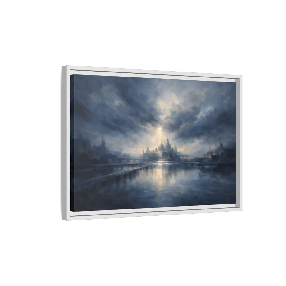 Side Mockup 1. Fairytale Fantasy City Blue Cityscape shown as stretched canvas wall art