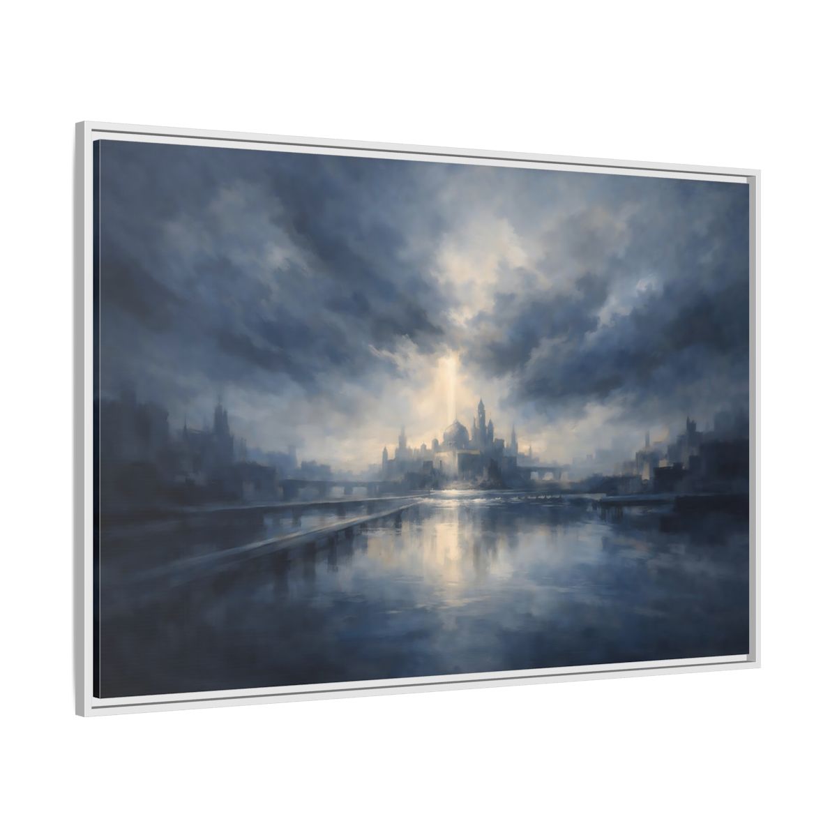 Side Mockup 7. Fairytale Fantasy City Blue Cityscape shown as stretched canvas wall art