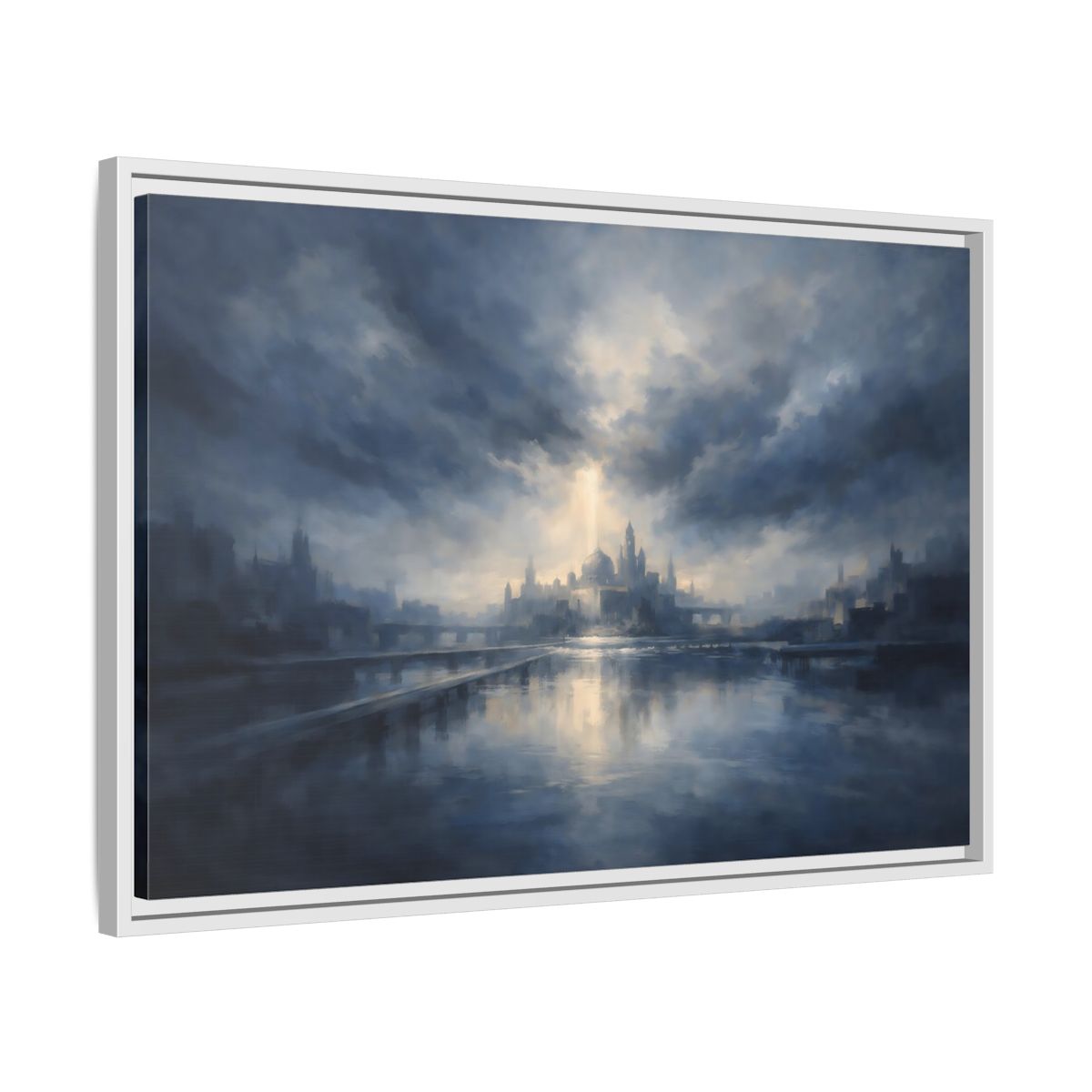 Side Mockup 10. Fairytale Fantasy City Blue Cityscape shown as stretched canvas wall art