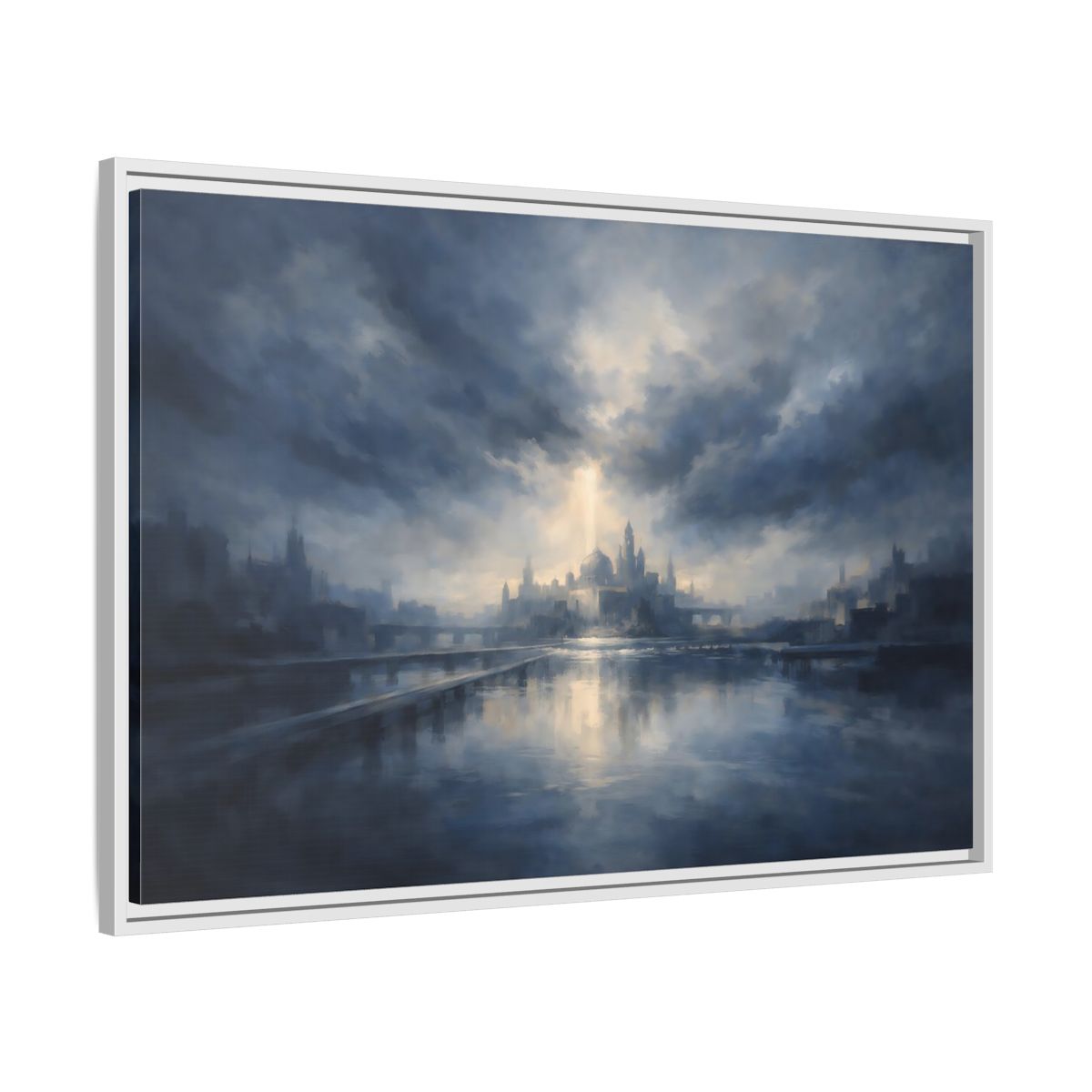 Side Mockup 8. Fairytale Fantasy City Blue Cityscape shown as stretched canvas wall art