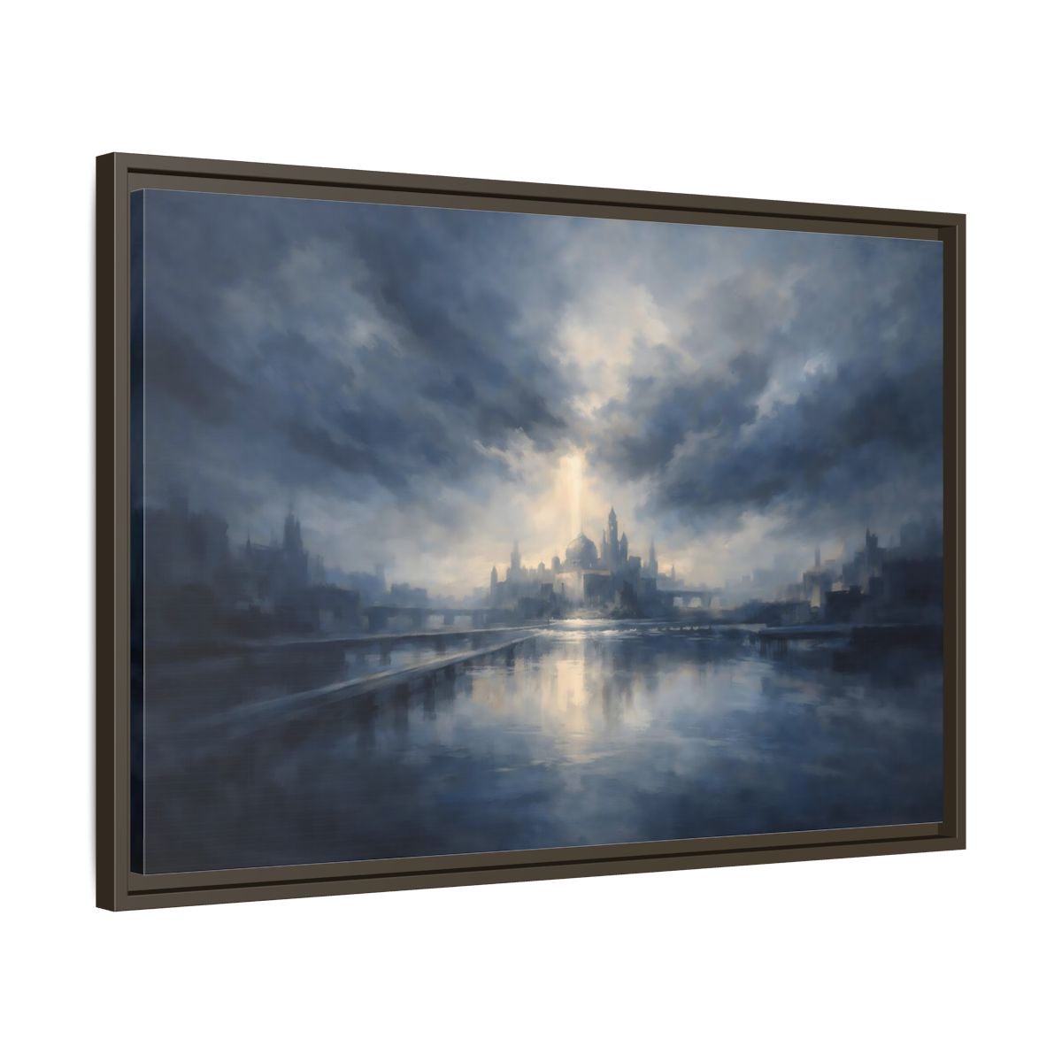 Side Mockup 11. Fairytale Fantasy City Blue Cityscape shown as stretched canvas wall art
