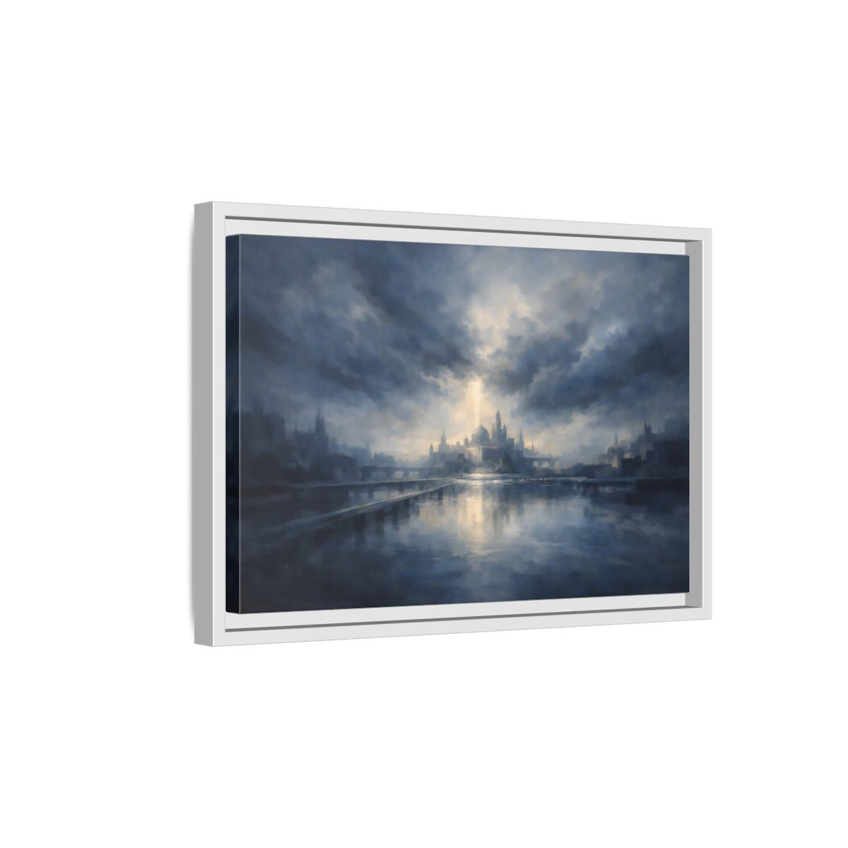 Side Mockup 4. Fairytale Fantasy City Blue Cityscape shown as stretched canvas wall art