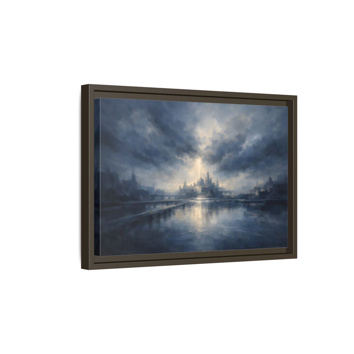 Side Mockup 5. Fairytale Fantasy City Blue Cityscape shown as stretched canvas wall art