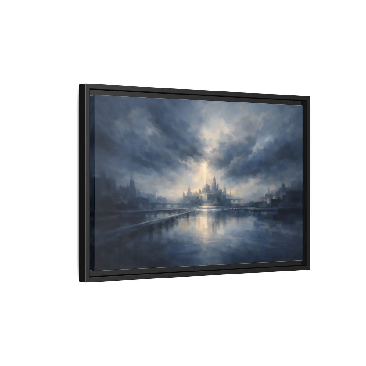 Side Mockup 3. Fairytale Fantasy City Blue Cityscape shown as stretched canvas wall art