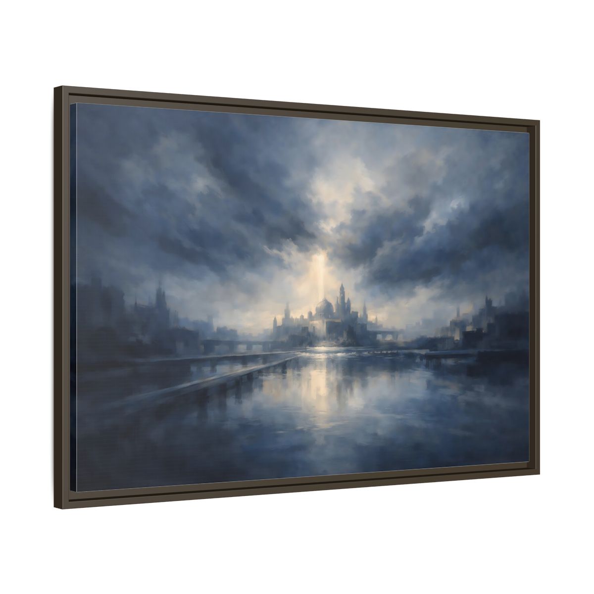Side Mockup 9. Fairytale Fantasy City Blue Cityscape shown as stretched canvas wall art