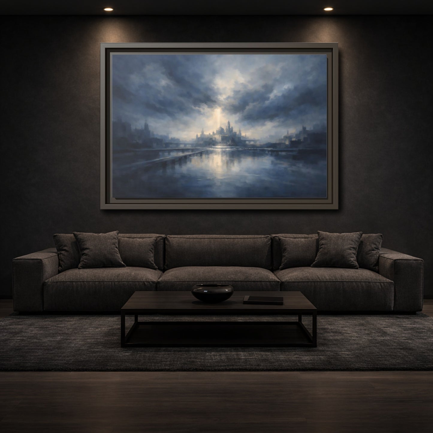 Mockup 2. Fairytale Fantasy City Blue Cityscape shown as stretched canvas wall art