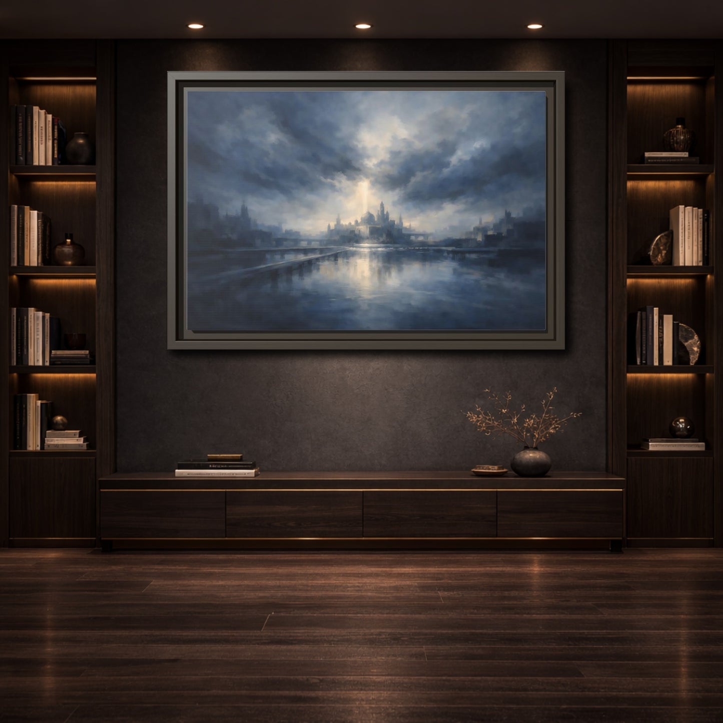Mockup 3. Fairytale Fantasy City Blue Cityscape shown as stretched canvas wall art