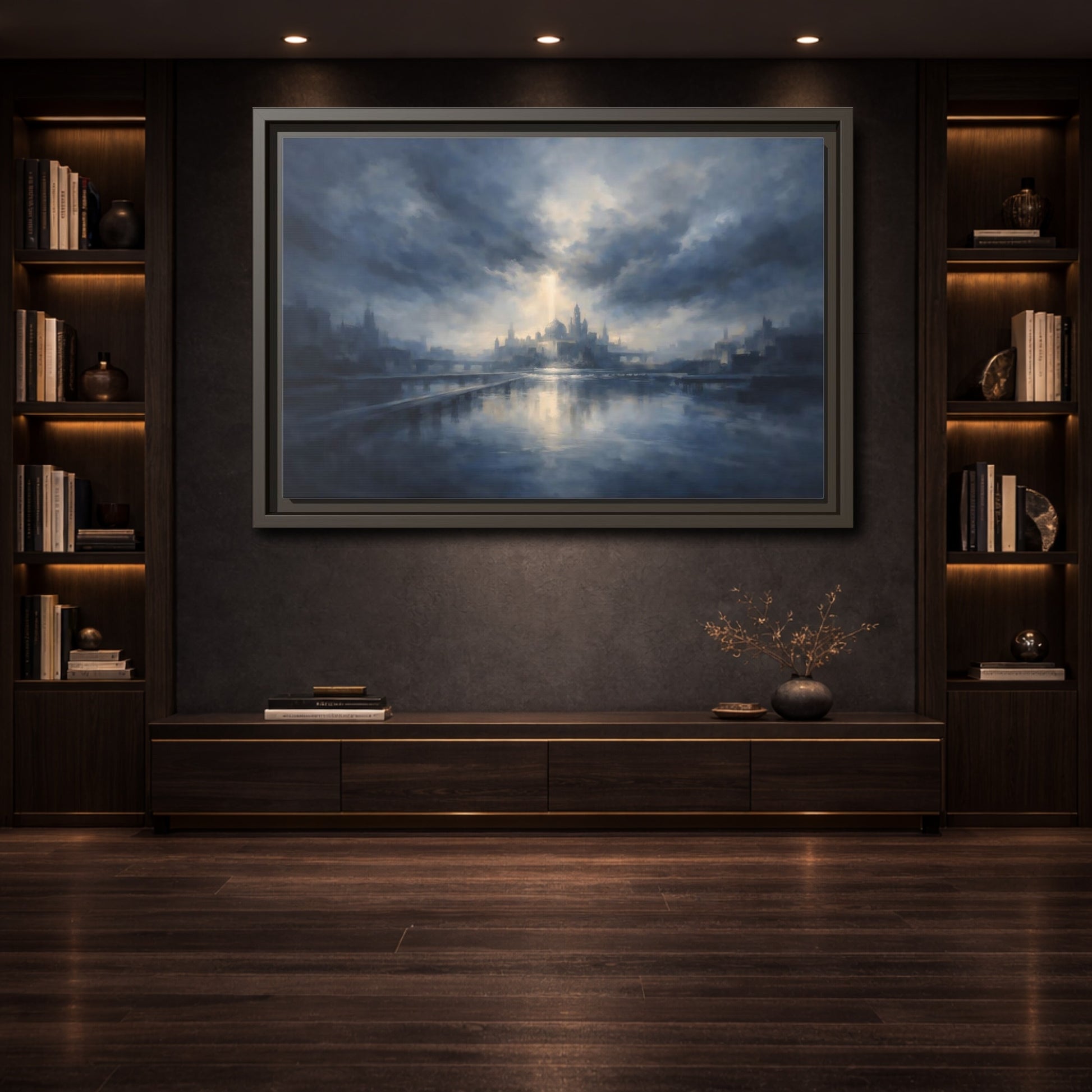 Mockup 3. Fairytale Fantasy City Blue Cityscape shown as stretched canvas wall art
