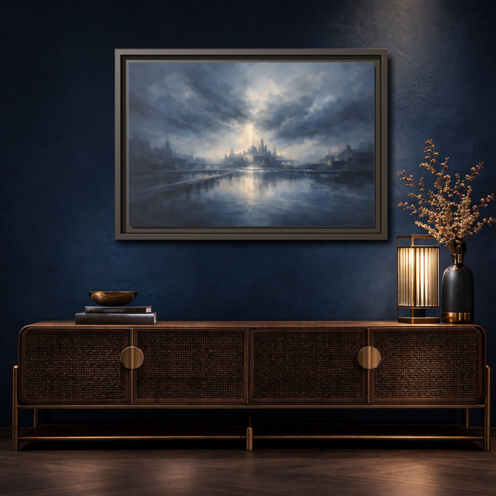 Mockup 4. Fairytale Fantasy City Blue Cityscape shown as stretched canvas wall art