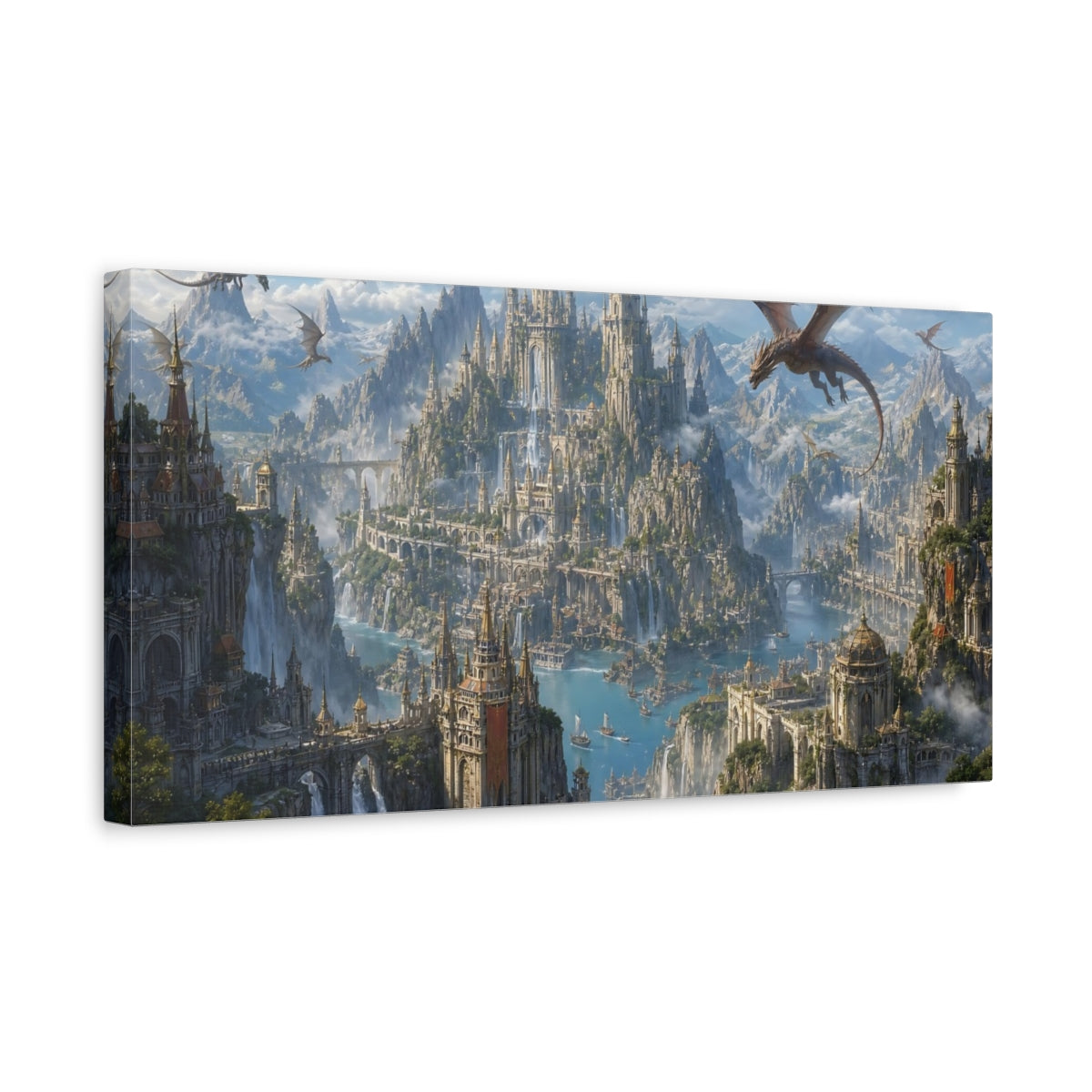 Side Mockup 3. Fairytale Fantasy City Fantasy Blue Gold shown as stretched canvas wall art