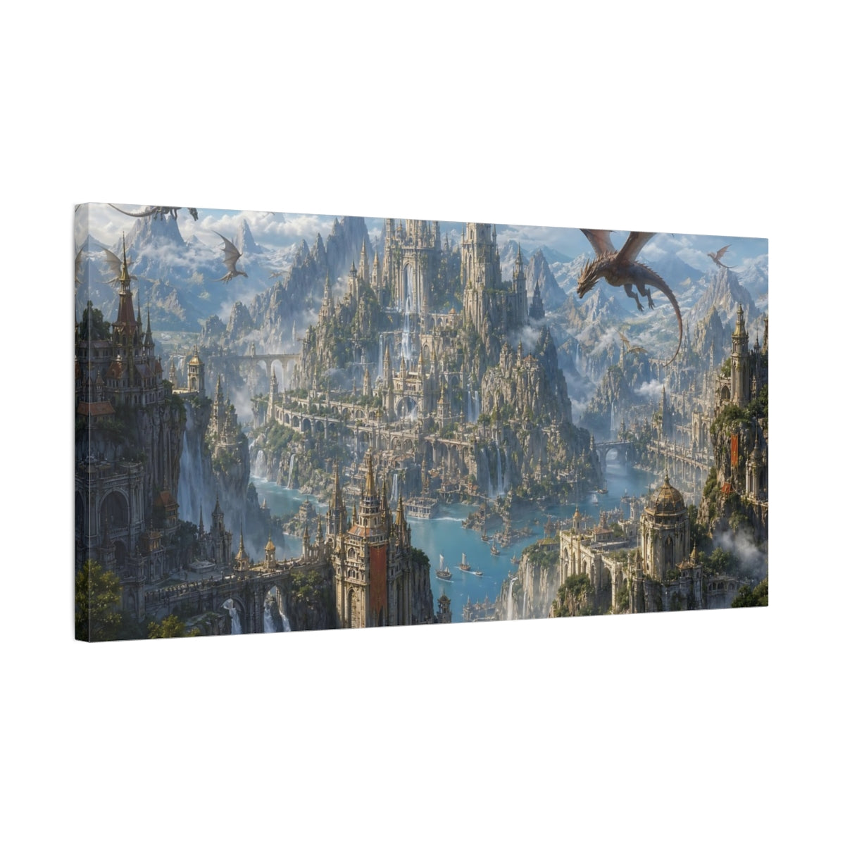 Side Mockup 1. Fairytale Fantasy City Fantasy Blue Gold shown as stretched canvas wall art