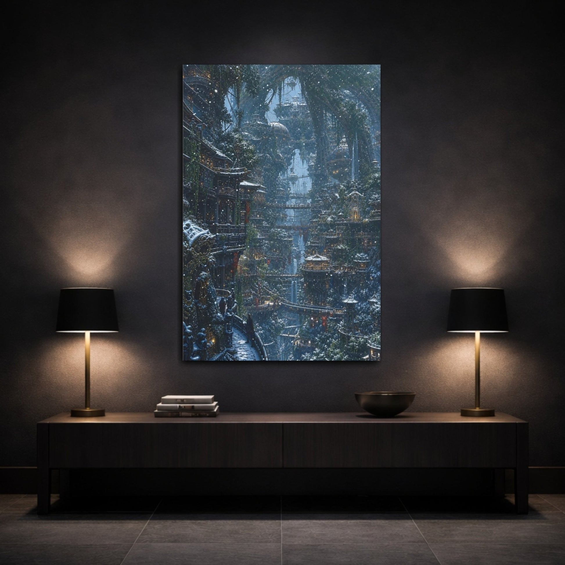Fairytale Fantasy City Blue Winter Canvas Wall Art Print – Living Room, Above Couch - YesArtYes